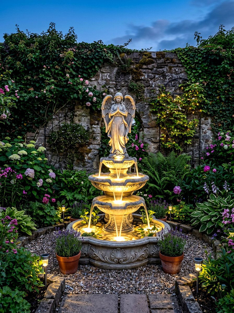 Resin Solar Fountain With LED Lights - 30 solar fountain ideas