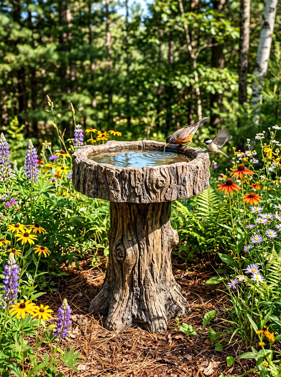 Resin tree stump bird bath - 30 front yard bird bath ideas