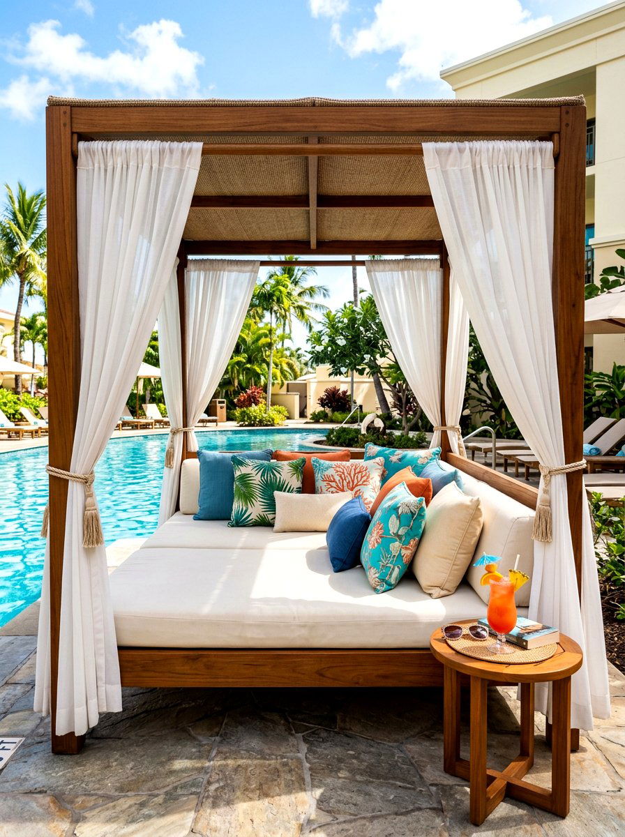 Resort Style Double Daybed Cabana - 30 backyard cabana lounge ideas