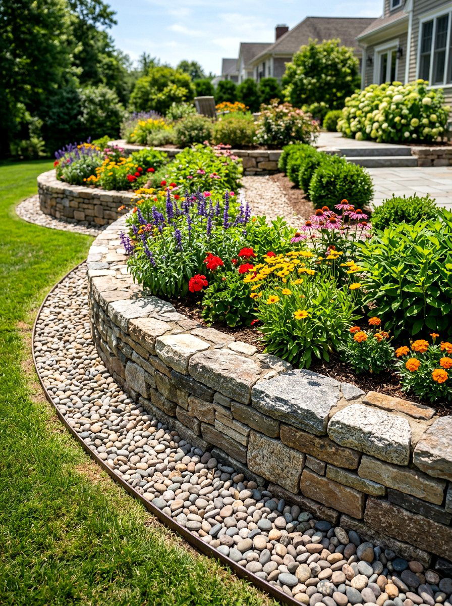 Retaining Wall Base - 30 pebble garden ideas