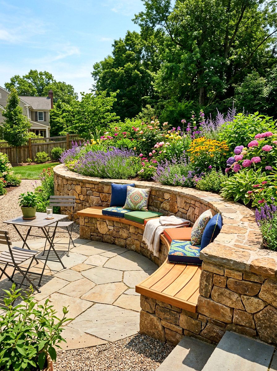 Retaining Wall Bench - 30 family backyard ideas