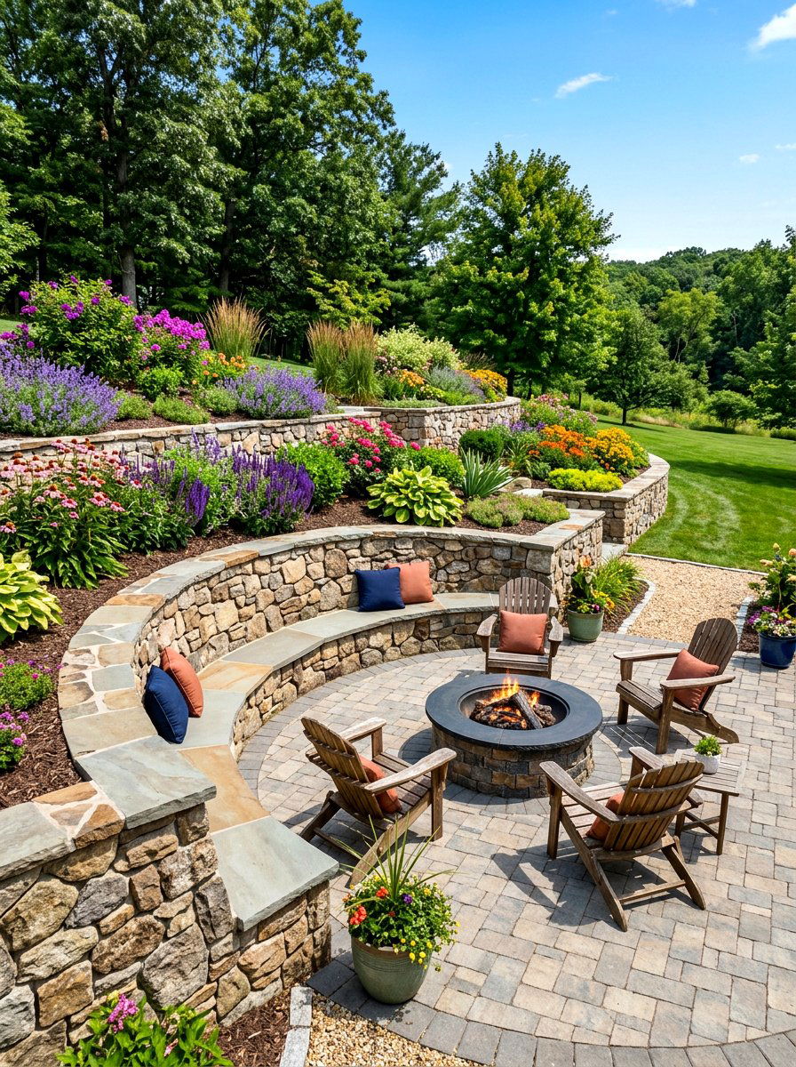Retaining wall seating area - 30 backyard fireplace seating ideas
