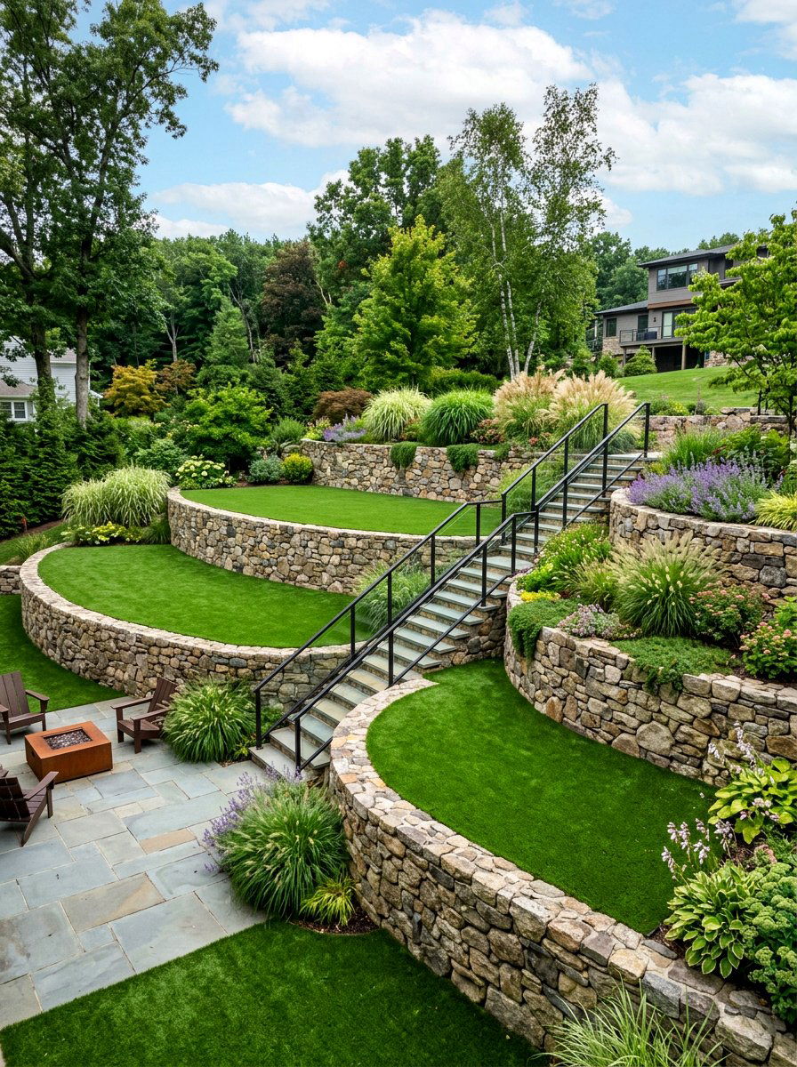 Retaining wall turf terrace - 30 artificial turf backyard ideas