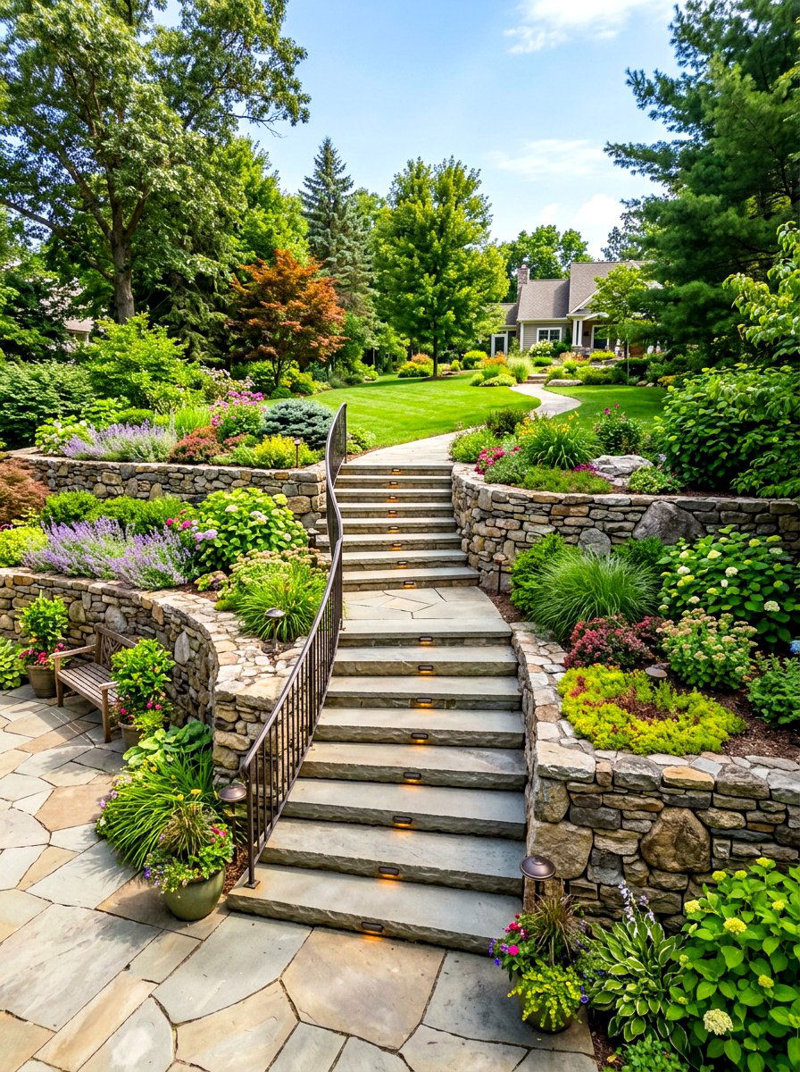 Retaining wall with stairs - 30 sloped backyard retaining wall ideas