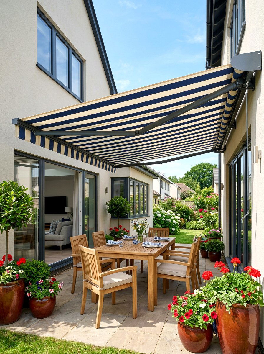 Retractable Fabric Awning - 30 rainproof patio ideas