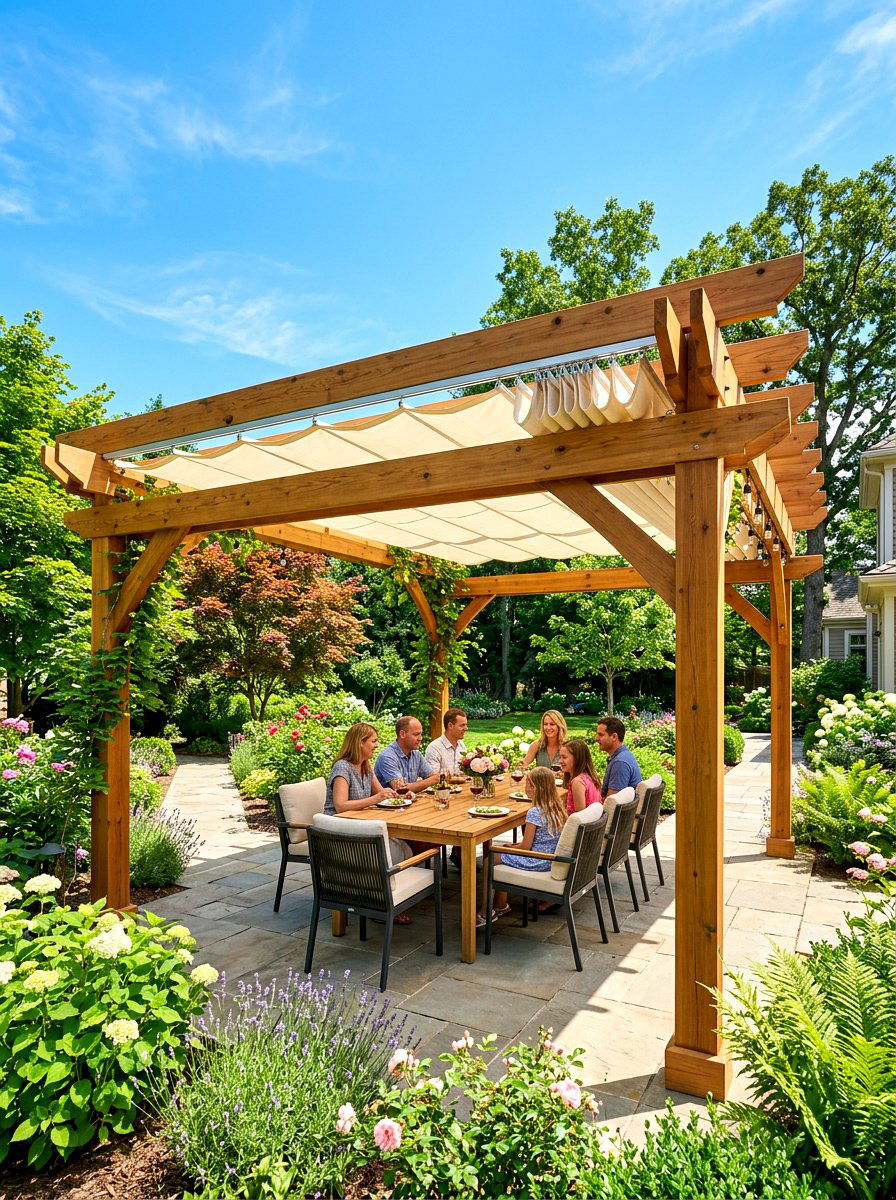 Retractable Fabric Canopy Pergola - 30 courtyard pergola ideas