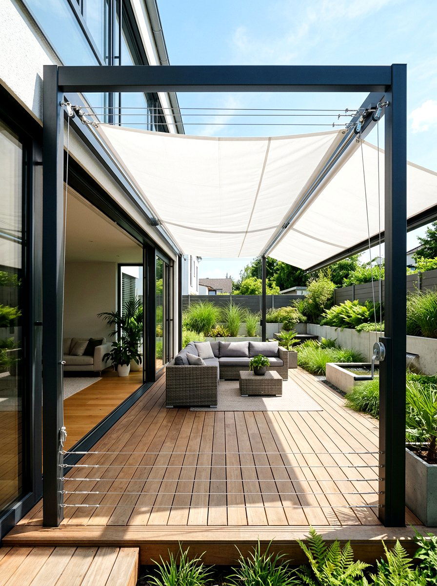 Retractable Manual Shade Sail - 30 sun sail patio ideas