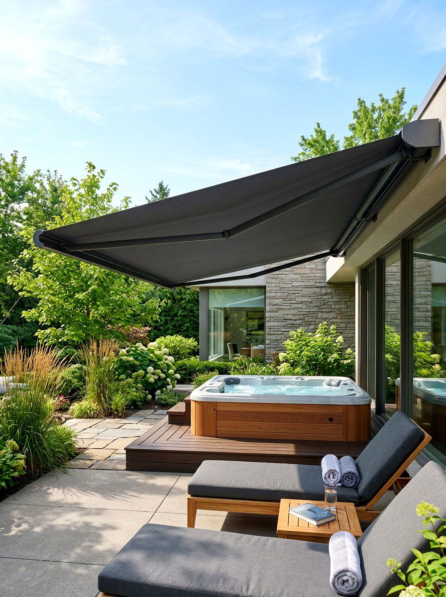 Retractable Privacy Awning - 30 hot tub privacy fence ideas