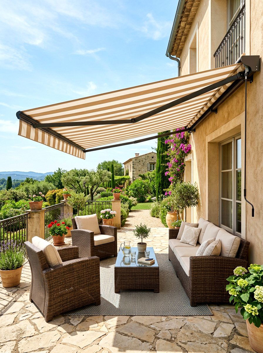 Retractable awning over seating - 30 patio conversation area ideas