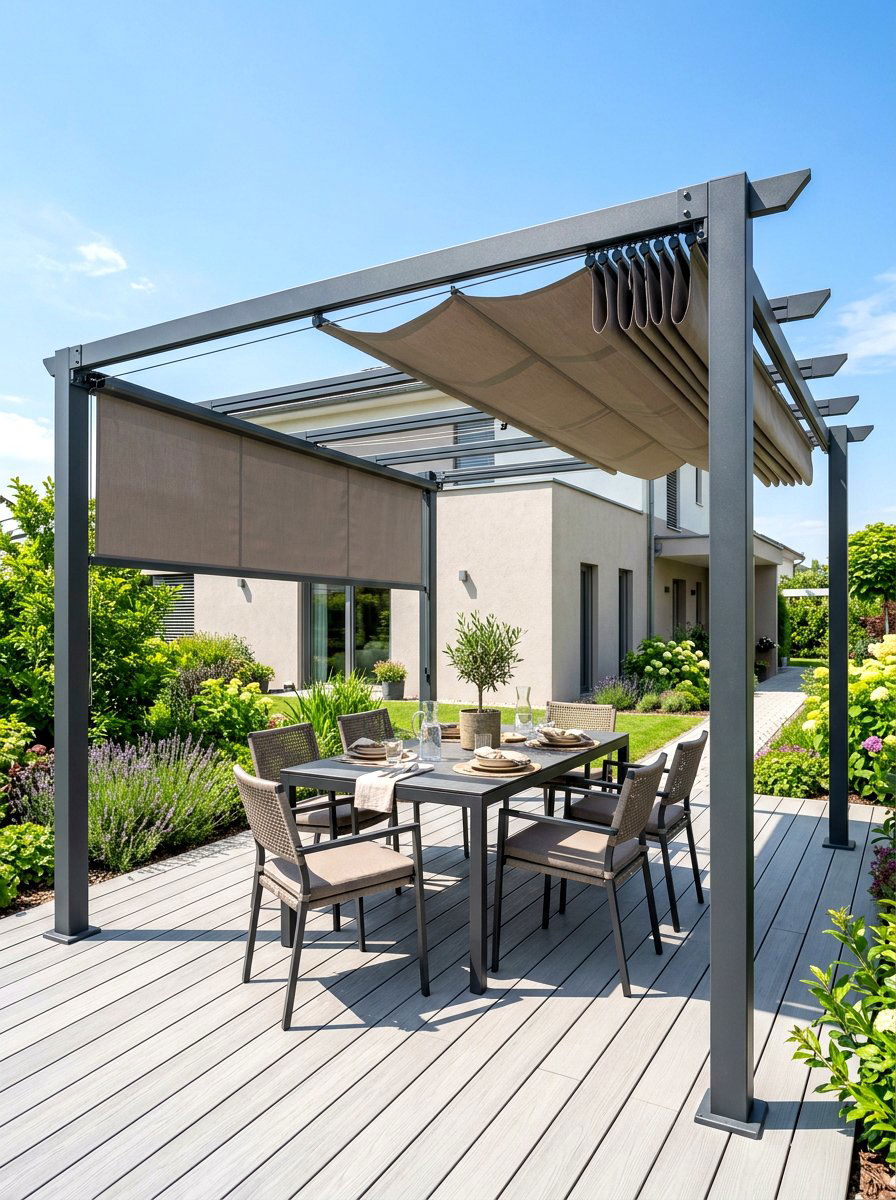 Retractable canopy pergola - 30 pergola lounge patio ideas