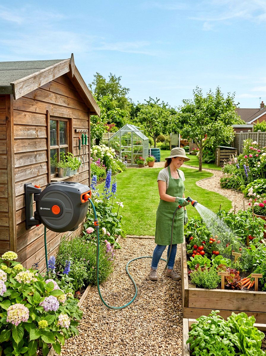 Retractable garden hose reel - 30 vegetable garden watering ideas