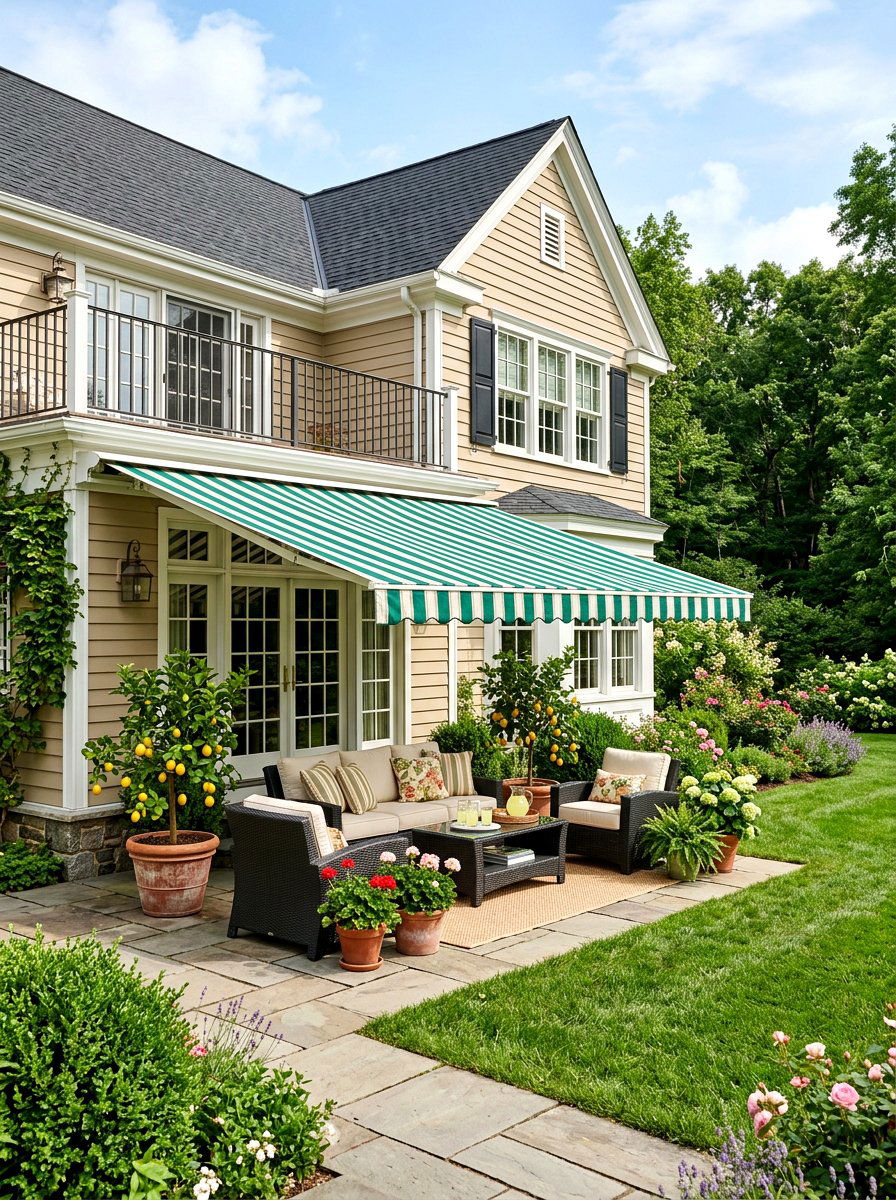 Retractable green and white striped awning - 30 green and white stripe patio ideas
