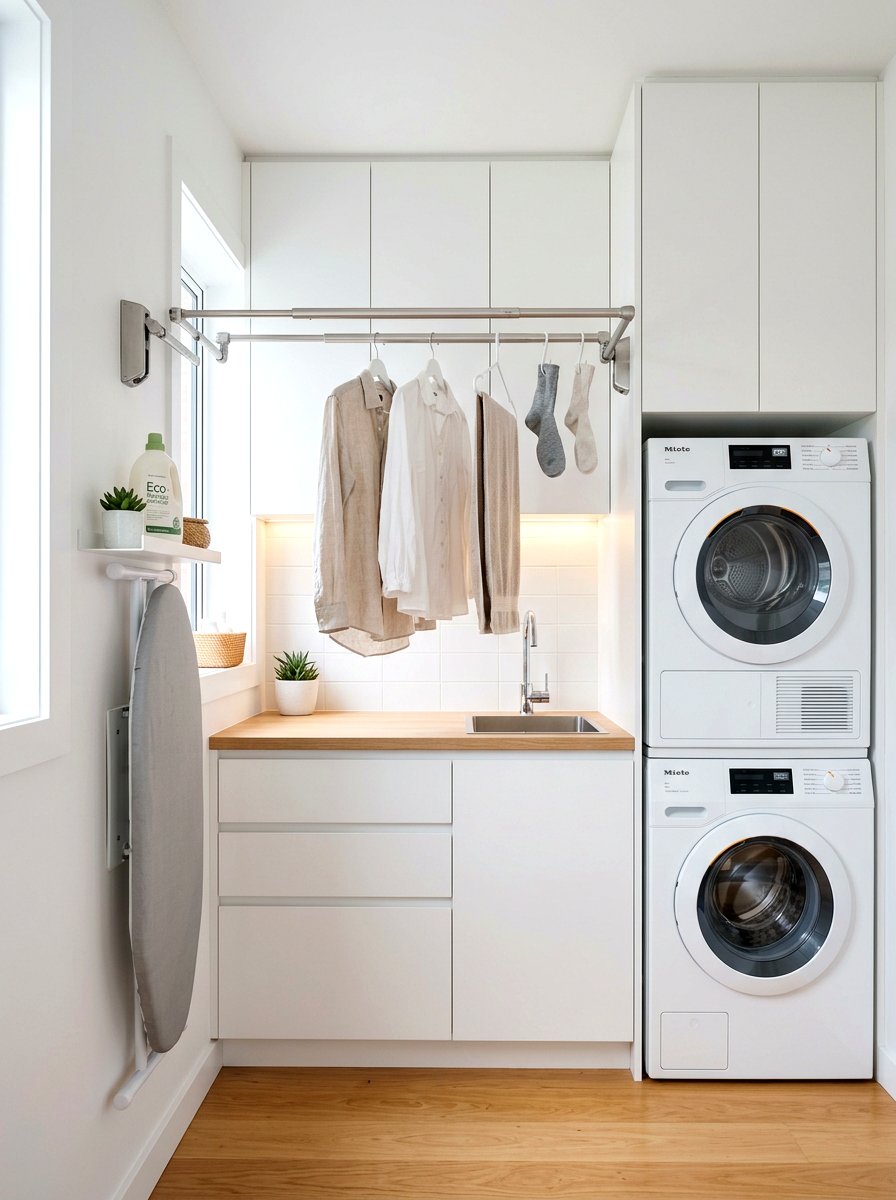 Retractable laundry rod for small rooms - 30 laundry room hanging rod ideas
