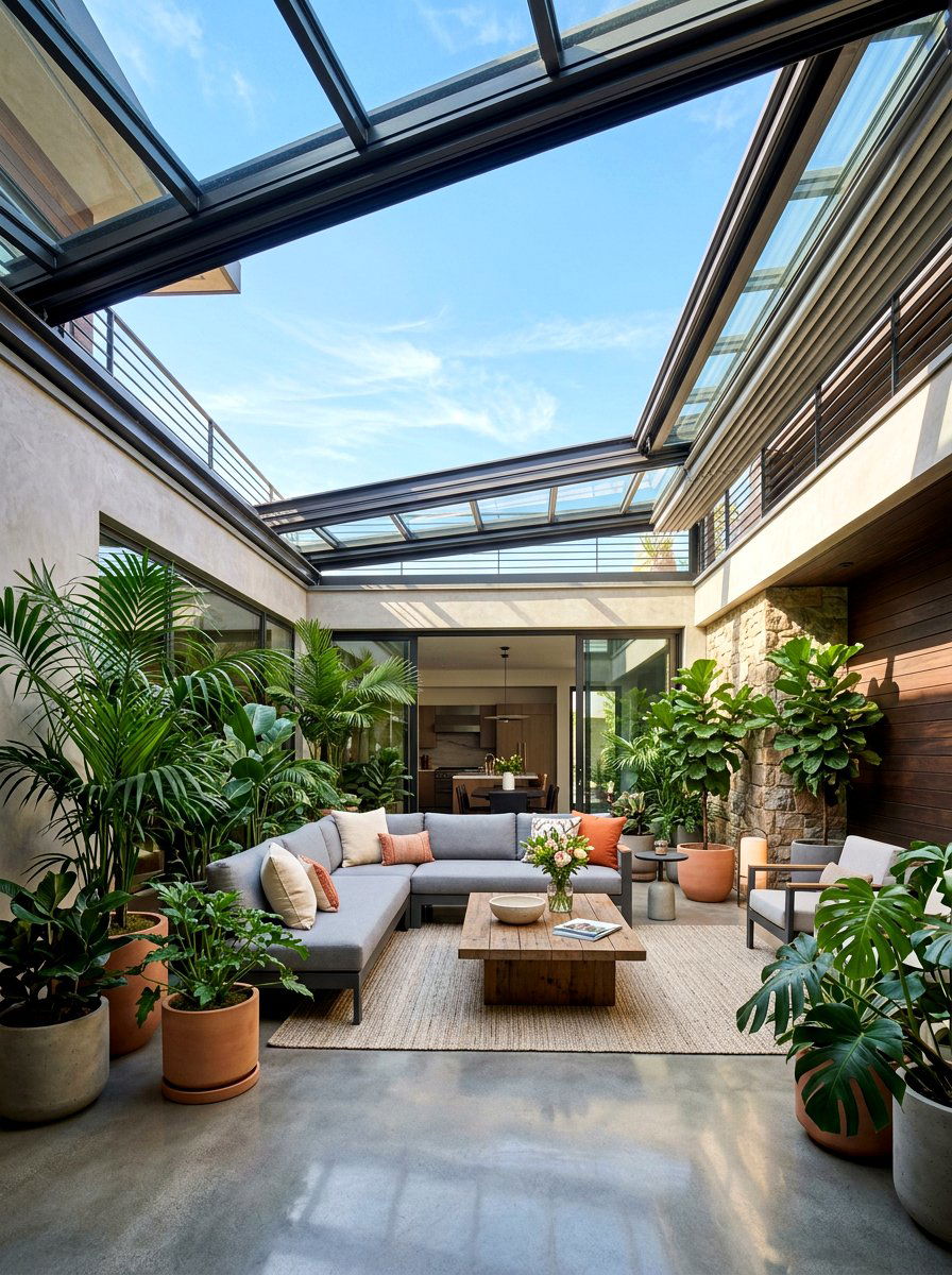 Retractable roof courtyard - 30 enclosed courtyard ideas