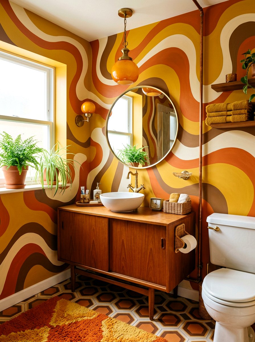 Retro 70s Mural Bathroom - 30 murals in powder room ideas
