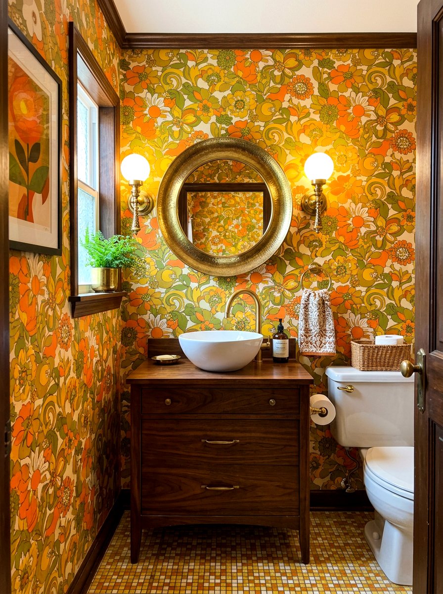 Retro 70s floral wallpaper - 30 floral wallpaper powder room ideas
