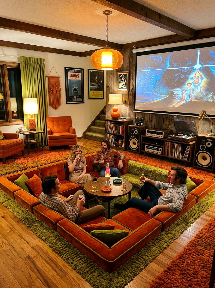 Retro 70s media lounge - 30 projector room ideas