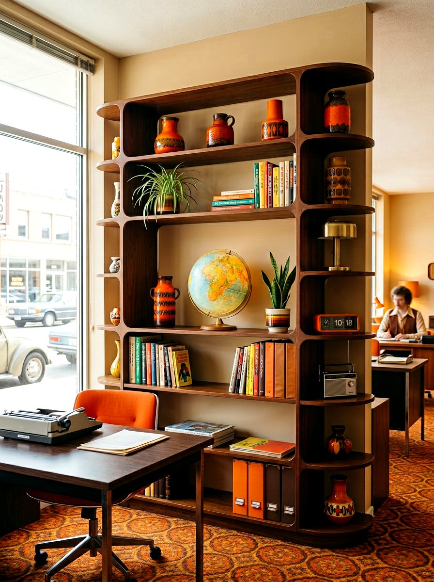 Retro 70s office shelves - 30 home office shelf ideas