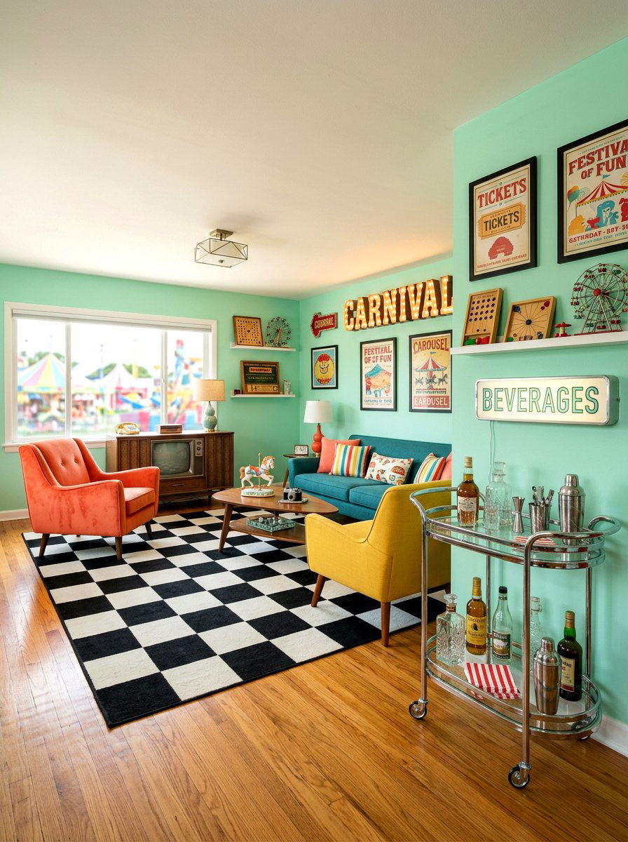 Retro Carnival Living Room - 30 circus inspired living room ideas