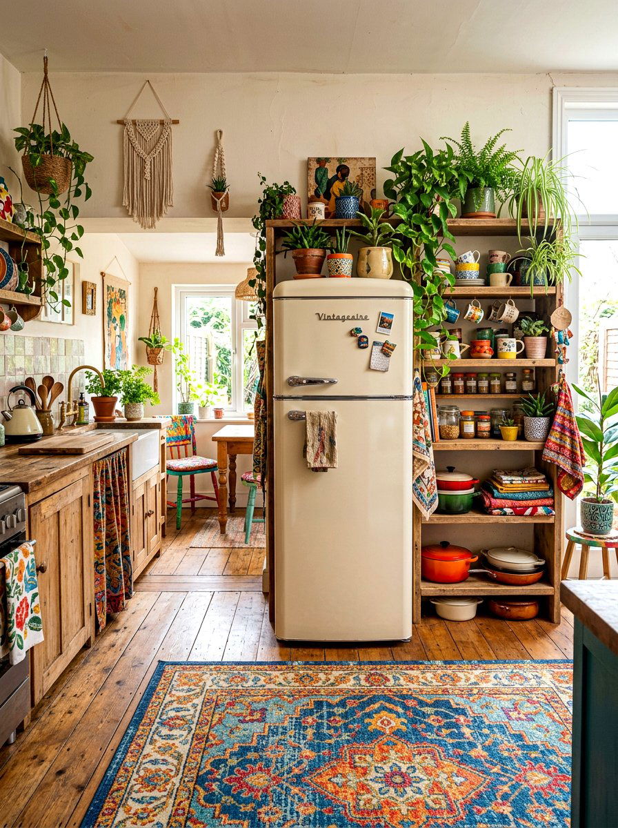 Retro Cream Fridge Boho Kitchen - 30 cream appliance kitchen ideas