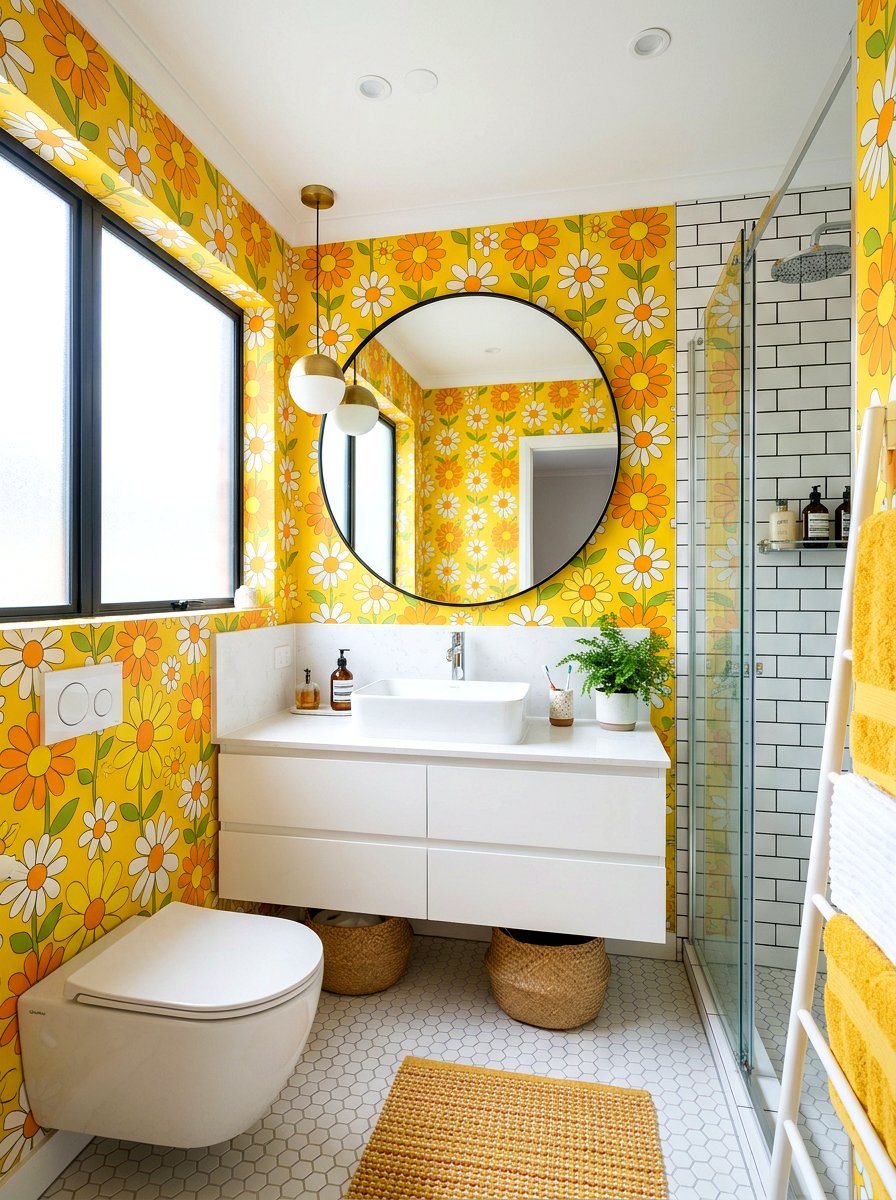 Retro Daisy Wallpaper - 30 vintage floral bathroom ideas