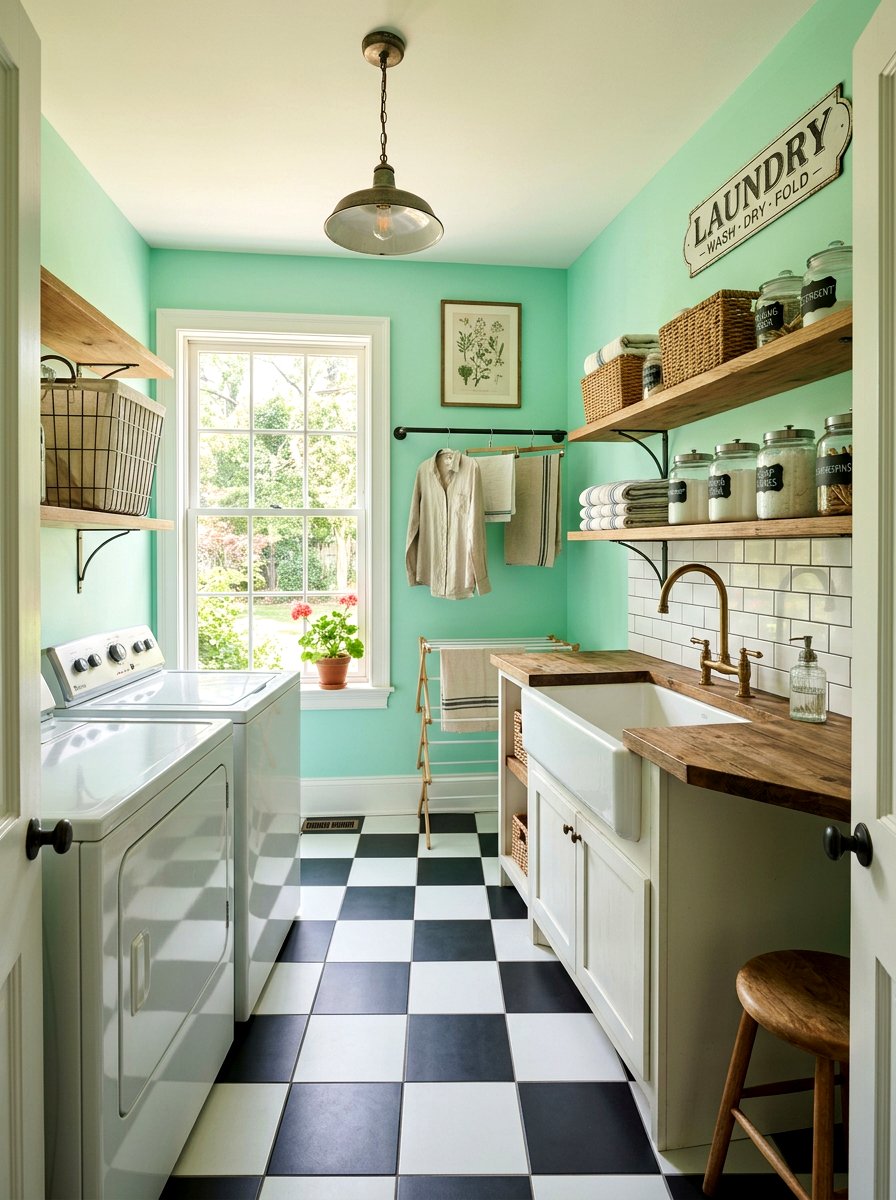 Retro Laundry Room With Checkered Floor - 30 retro home decor ideas
