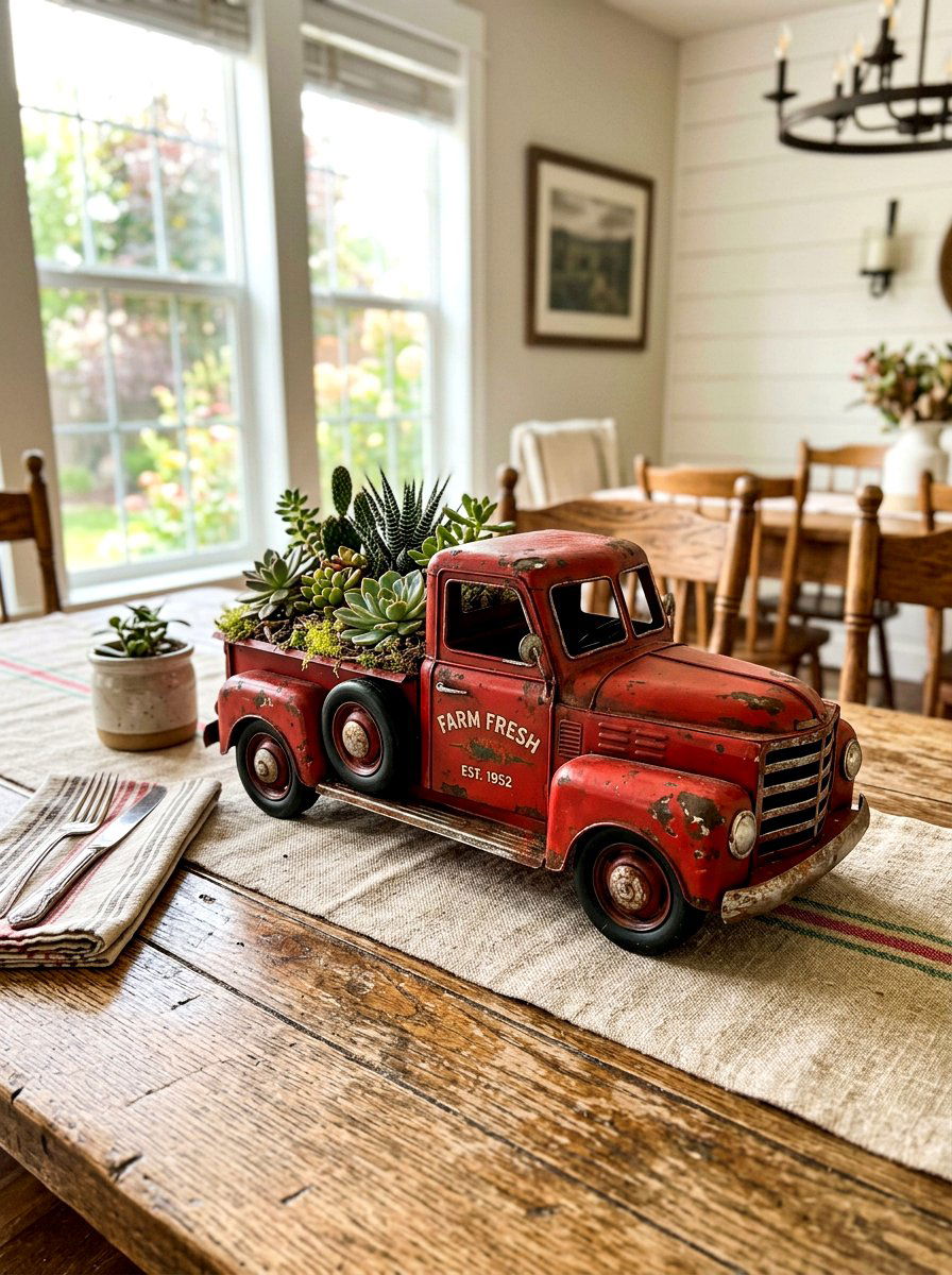Retro Metal Truck Table Centerpiece - 30 vintage toy decor ideas