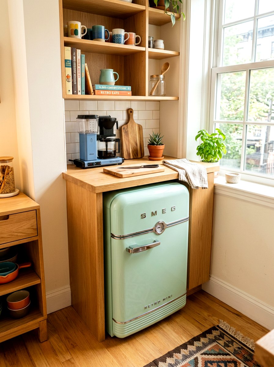 Retro Mini Fridge - 30 tiny apartment kitchen ideas