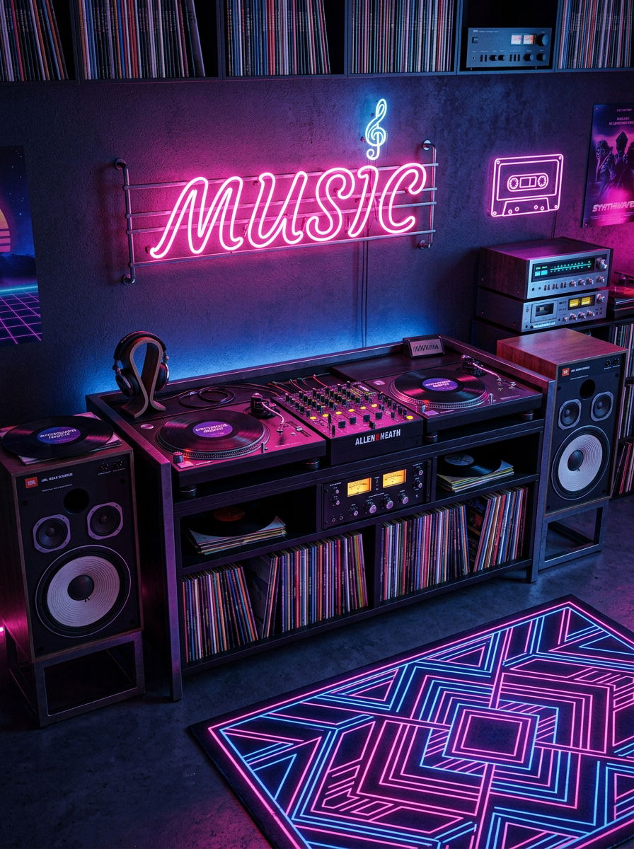 Retro Neon Light Music Station - 30 vinyl listening corner ideas