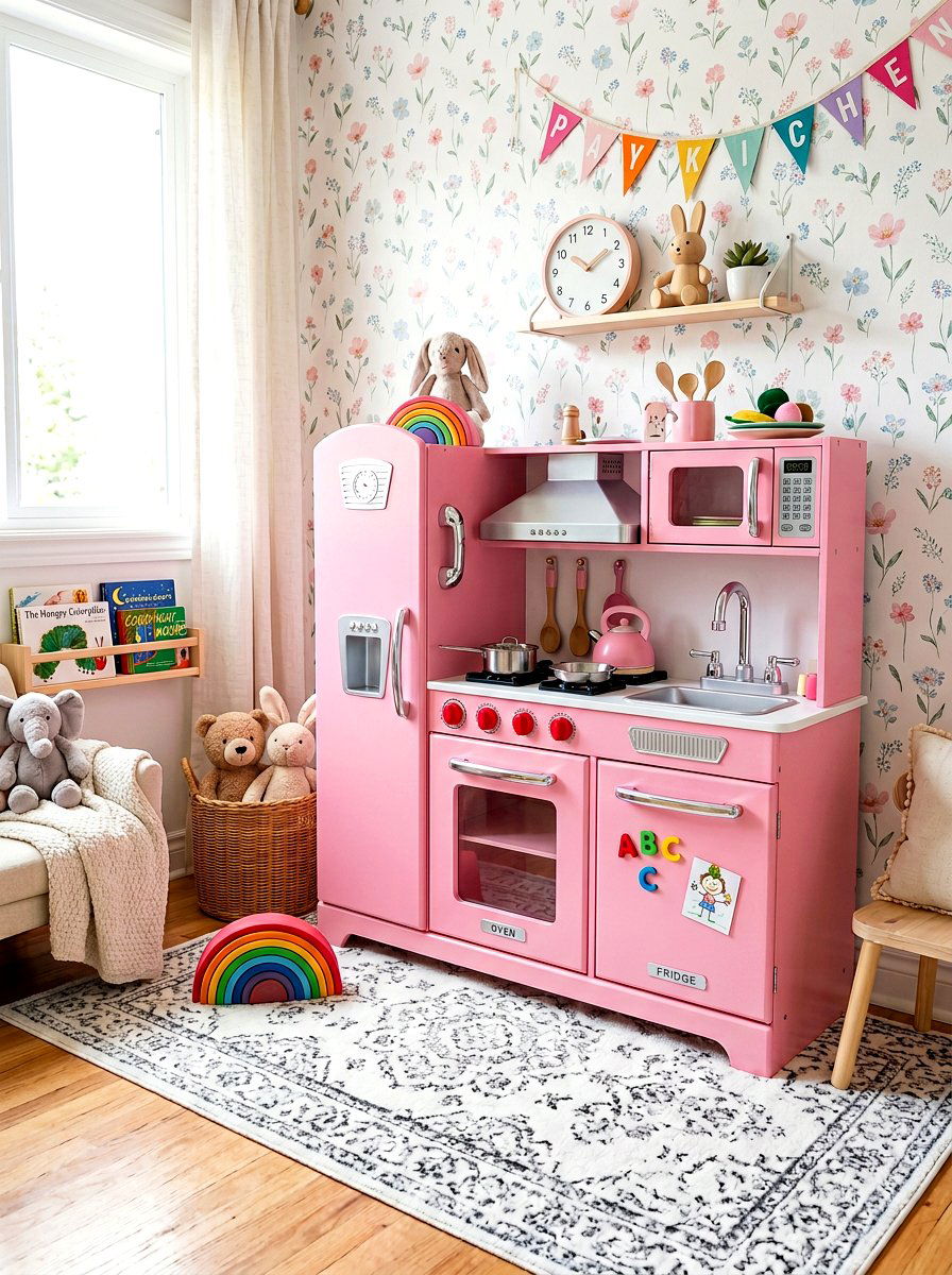 Retro Pink Play Kitchen - 30 play kitchen corner ideas