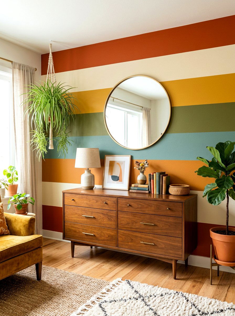 Retro Rainbow Stripe Wall - 30 muted rainbow bedroom ideas