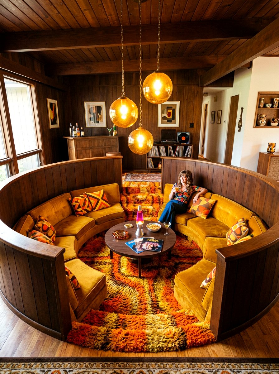 Retro colorful sunken pit - 30 sunken conversation pit ideas