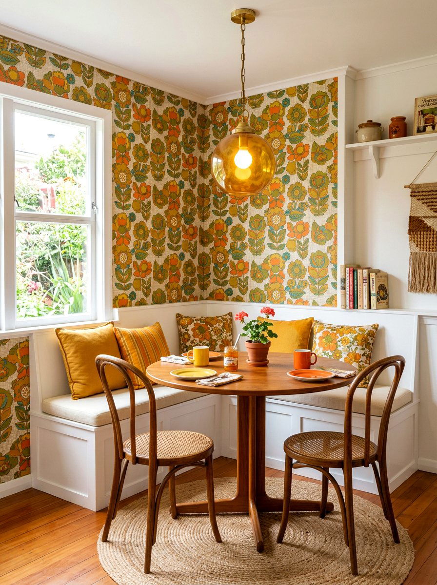 Retro floral wallpaper breakfast nook - 30 wallpaper accent wall ideas