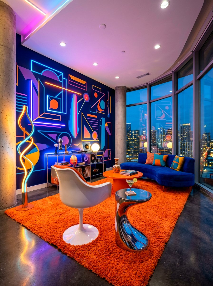 Retro futuristic lounge - 30 viral apartment decor ideas