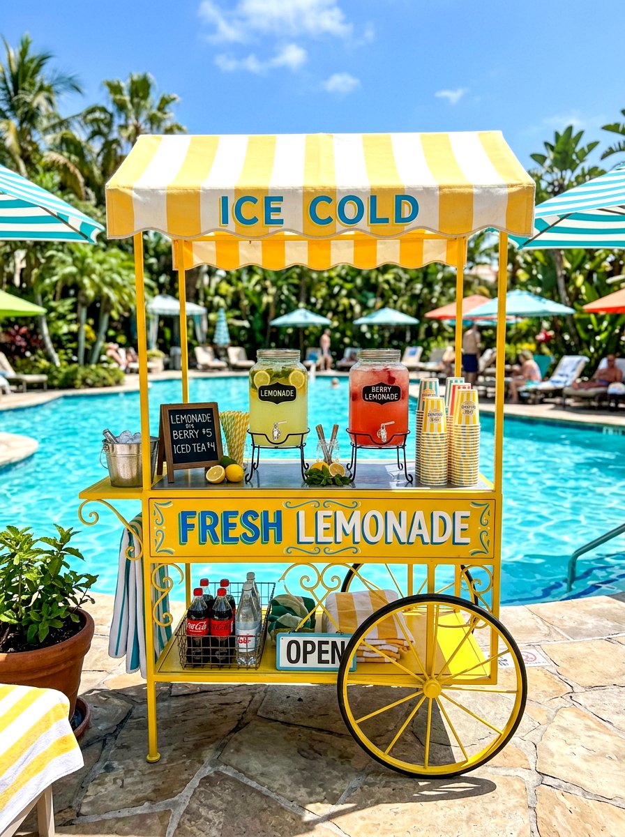 Retro poolside lemonade cart - 30 lemonade patio party ideas