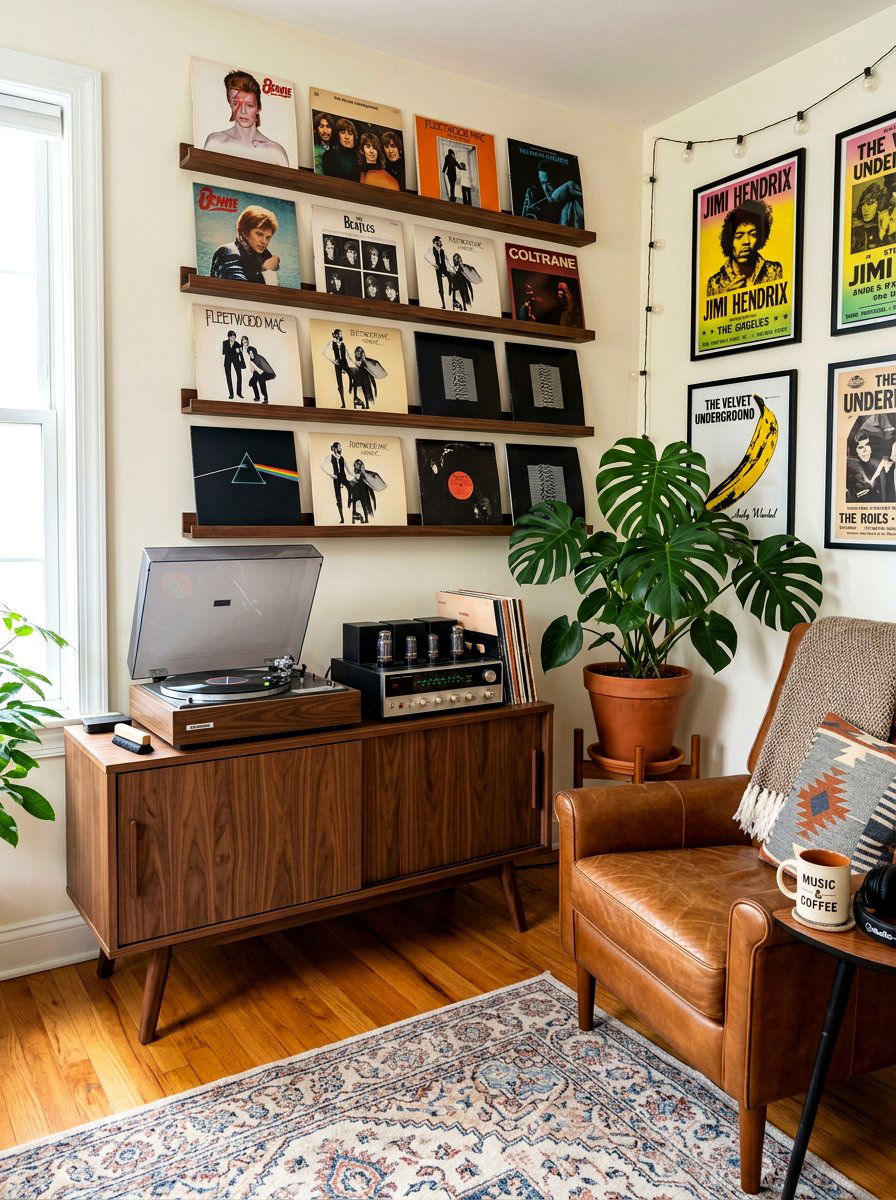 Retro vinyl record corner - 30 teen hangout room ideas