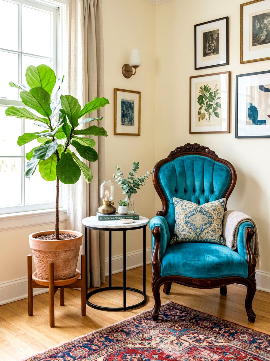 Reupholstered antique armchair focal point - 30 heirloom decor ideas