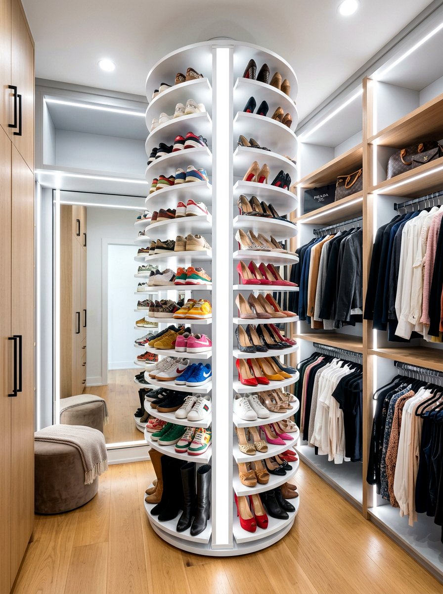 Revolving Shoe Tower - 30 shoe wall storage ideas