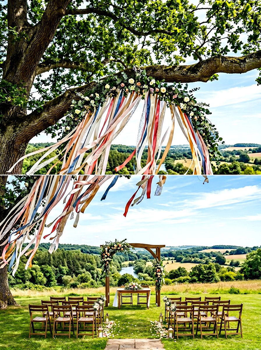 Ribbon Backdrop Ceremony Tree - 30 backyard wedding decor ideas