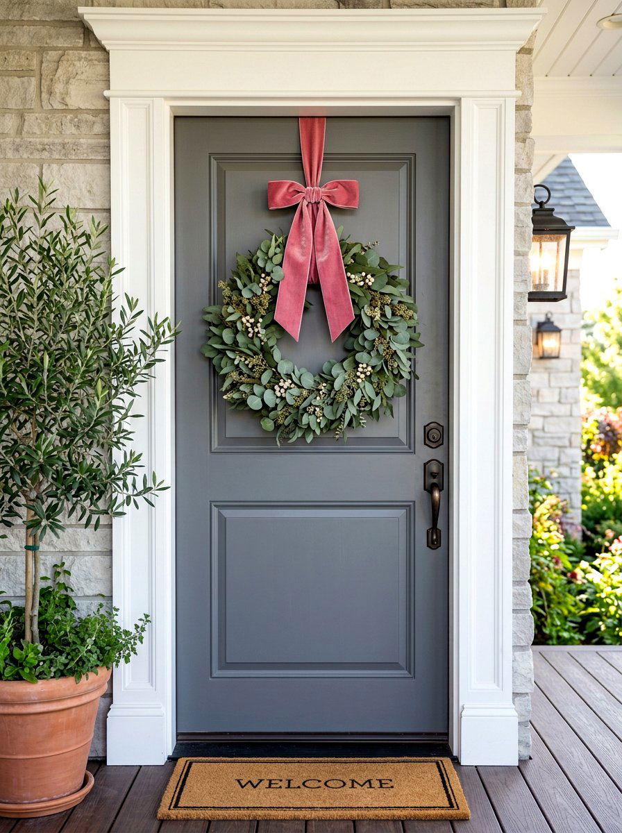 Ribbon Hanging Wreath - 30 exterior wreath styling ideas