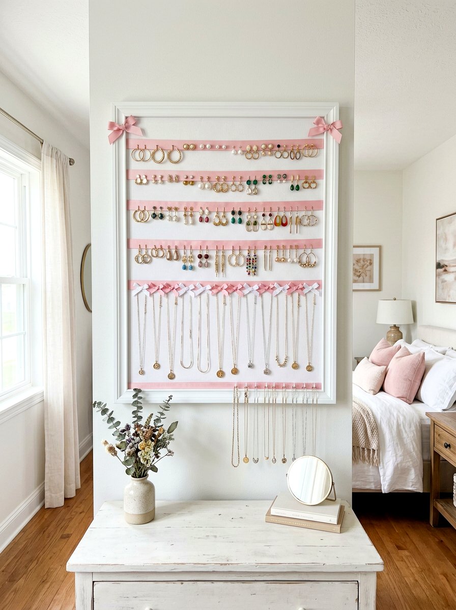 Ribbon Jewelry Organizer - 30 ribbon and bow bedroom ideas