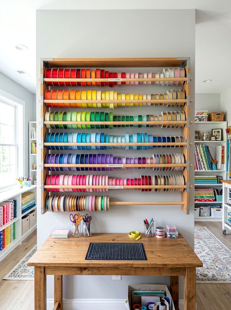 Ribbon Storage Rack - 30 scrapbook room ideas