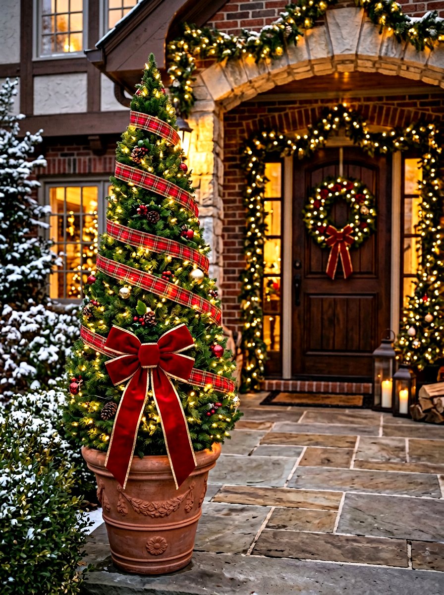 Ribbon Wrapped Topiary - 30 front porch topiary ideas