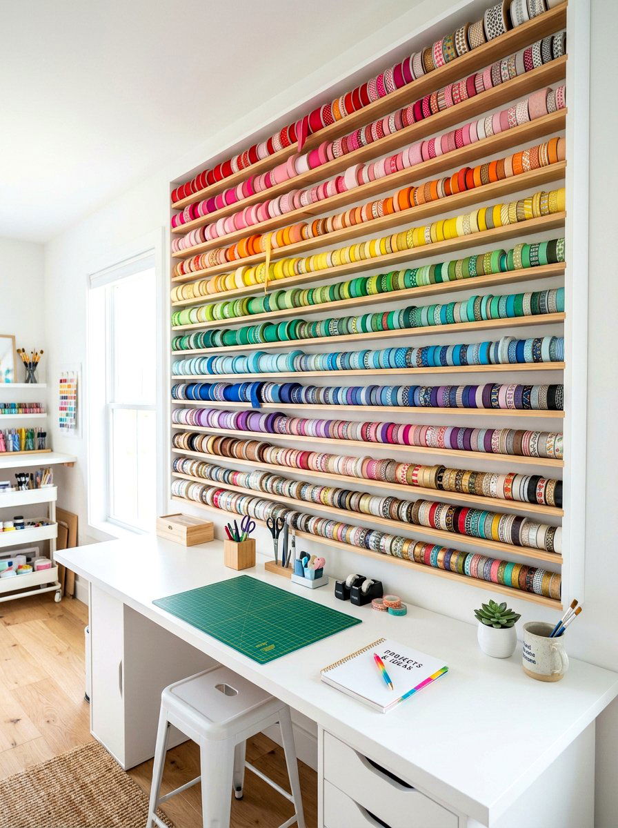 Ribbon and washi tape wall - 30 craft corner ideas