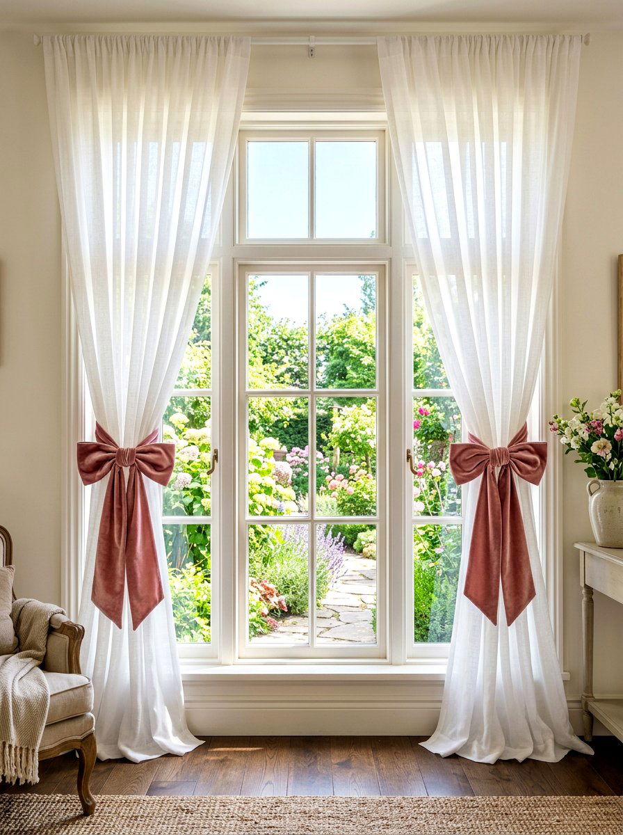 Ribbon curtain tiebacks - 30 bow nursery decor ideas