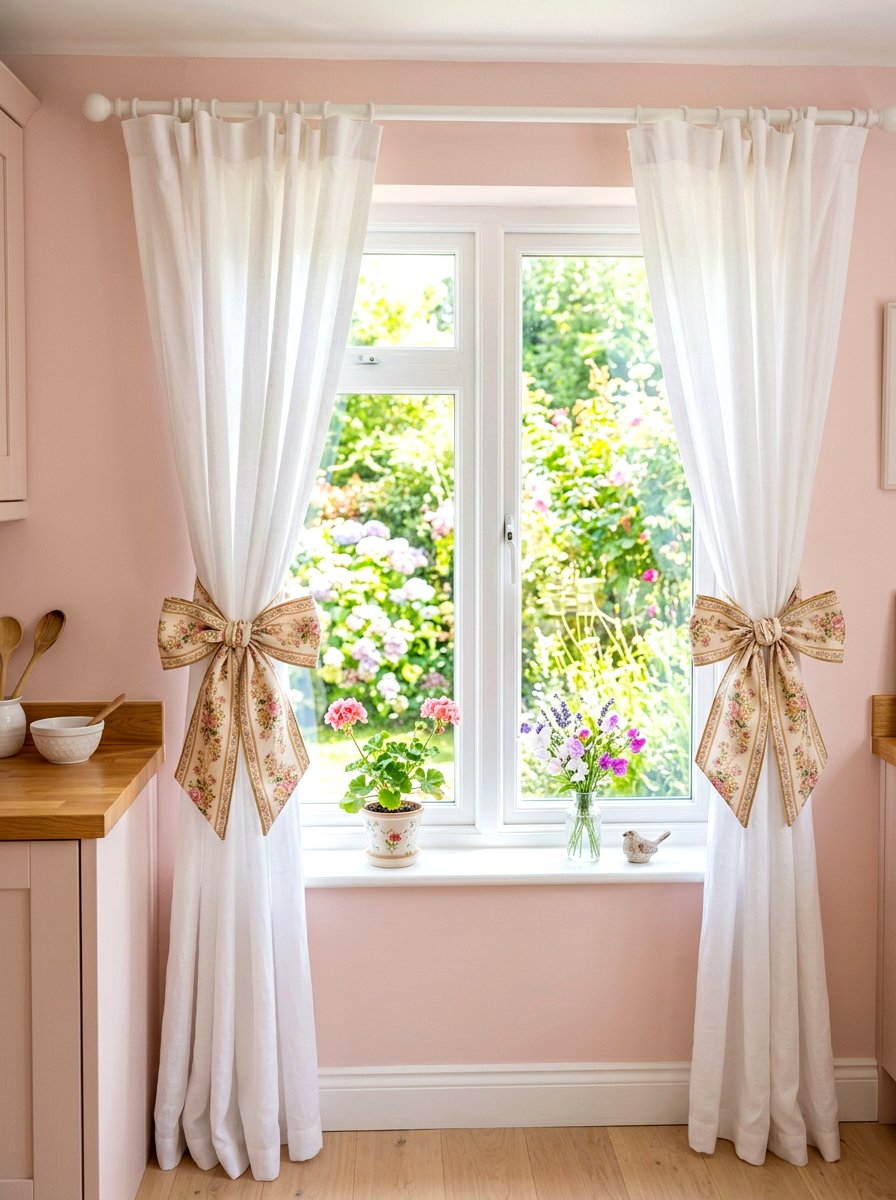Ribbon curtain ties - 30 coquette kitchen ideas