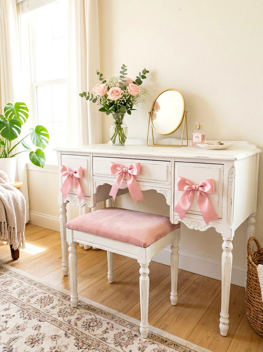 Ribbon drawer pulls - 30 coquette vanity ideas