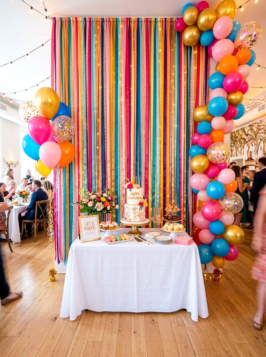 Ribbon party backdrop - 30 ribbon decor ideas