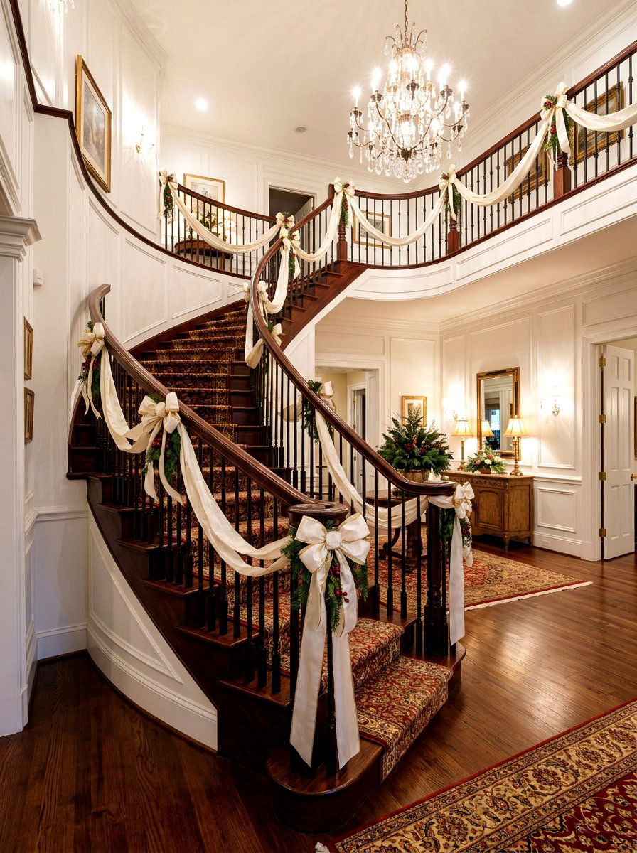 Ribbon staircase garland for wedding - 30 ribbon decor ideas