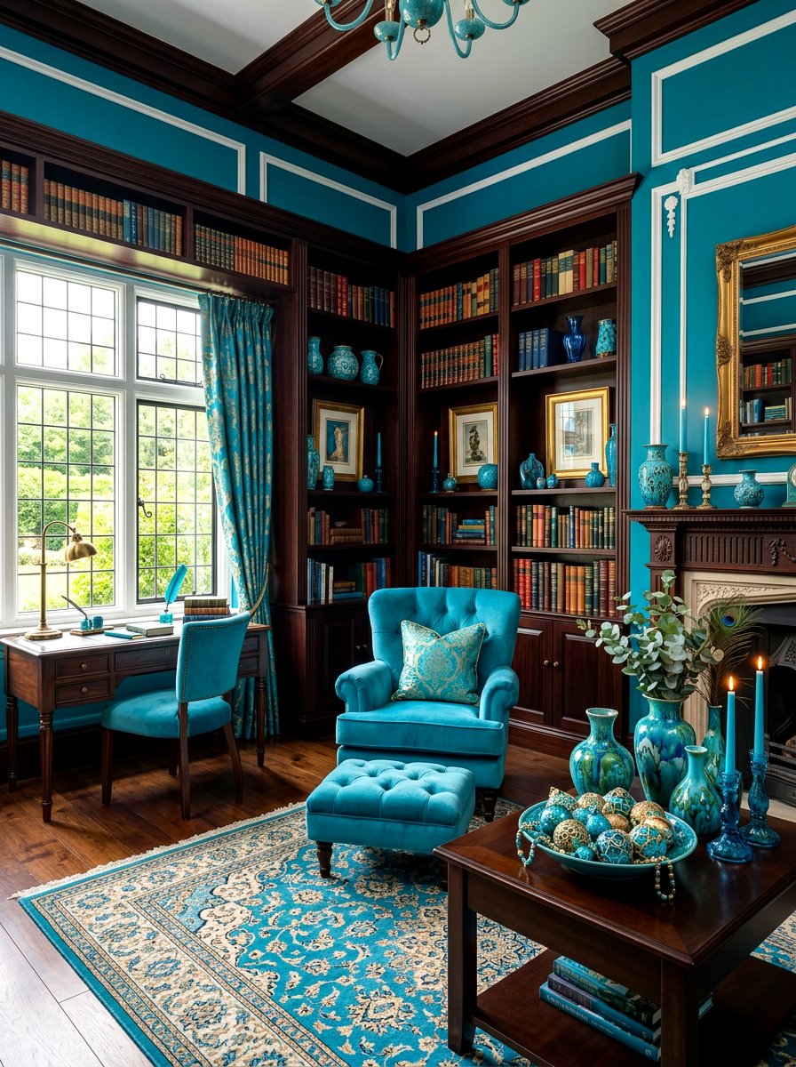 Rich Turquoise Library Corner Decor - 30 jewel tone holiday decor ideas